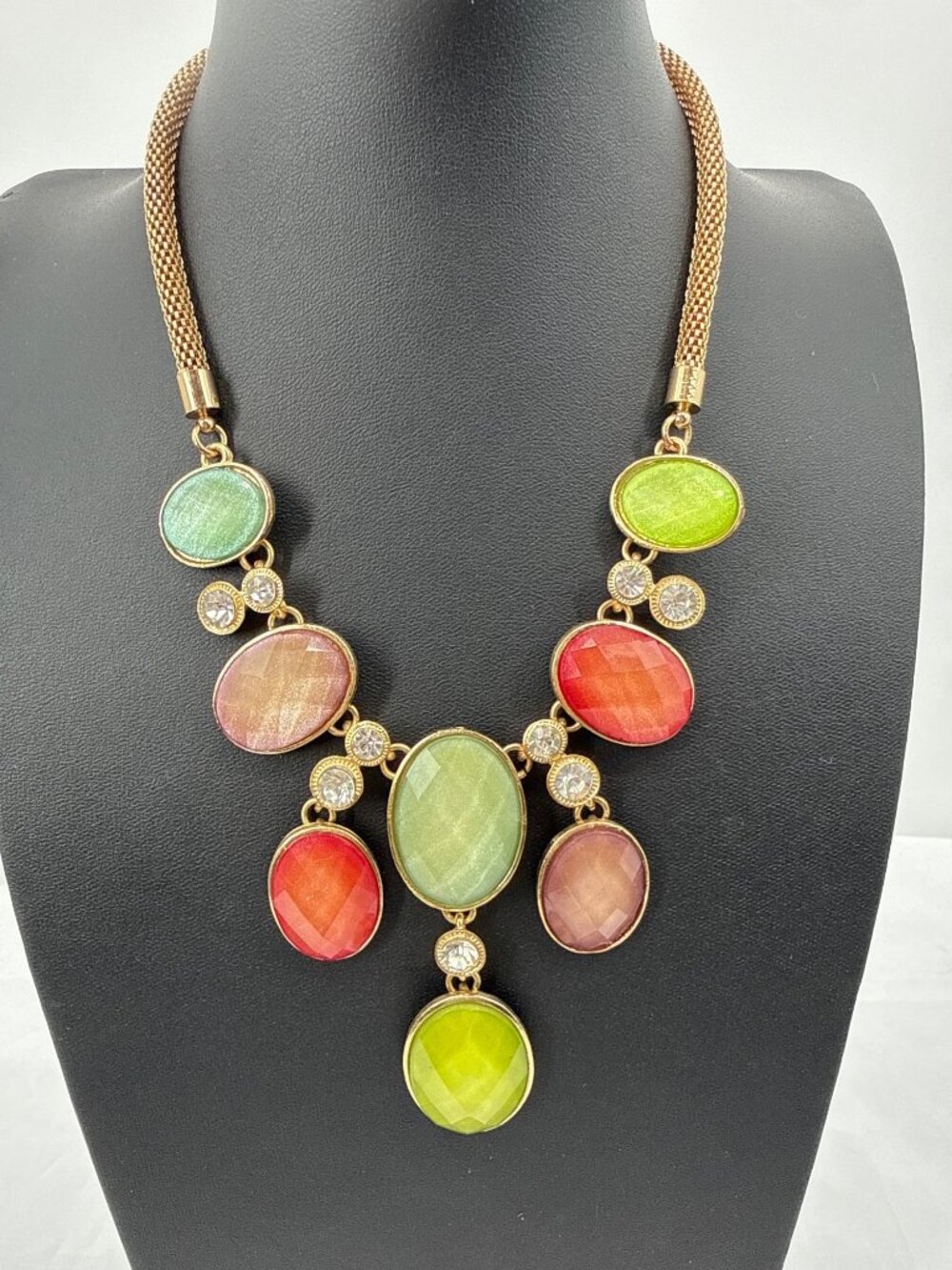 Vintage Premier Designs Poppy Lucite Bib Necklace Gold Mesh Retro Statement